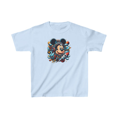 Child’s Blast Off with Mickey Astronaut Unisex Graphic Tee Shirt Kids in light blue, featuring an enchanting Mickey Mouse in a vibrant space suit, amidst sparkling stars and a dynamic rocket.