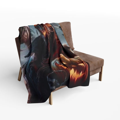 Decorative and Warm Halloween Spooky Arctic Fleece Blanket artfully draped over a plush sofa, showcasing its vivid Halloween-themed design and inviting comfort.
