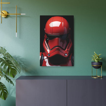 Elegant display of the Crimson Stormtrooper Metal Art Poster in a stylish interior, combining striking design with iconic Star Wars décor.