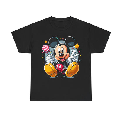 Luxurious Mickey Mouse Unisex Graphic Tee Shirt in Black featuring a playful design with vibrant colours, showcasing Mickey Mouse holding a colourful lollipop with a cheerful expression.