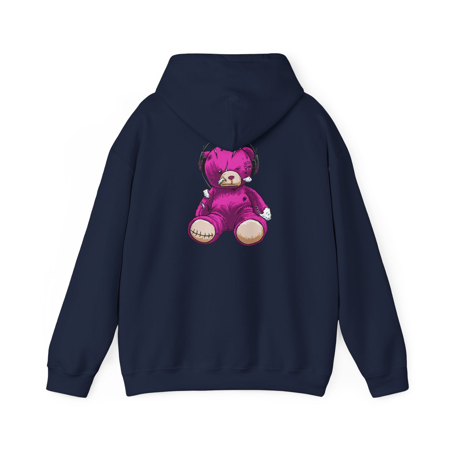 Stylish rear view of a luxurious distressed purple teddy bear hoodie featuring a bold graphic design of a teddy bear with oversized headphones, perfect for a trendy wardrobe.