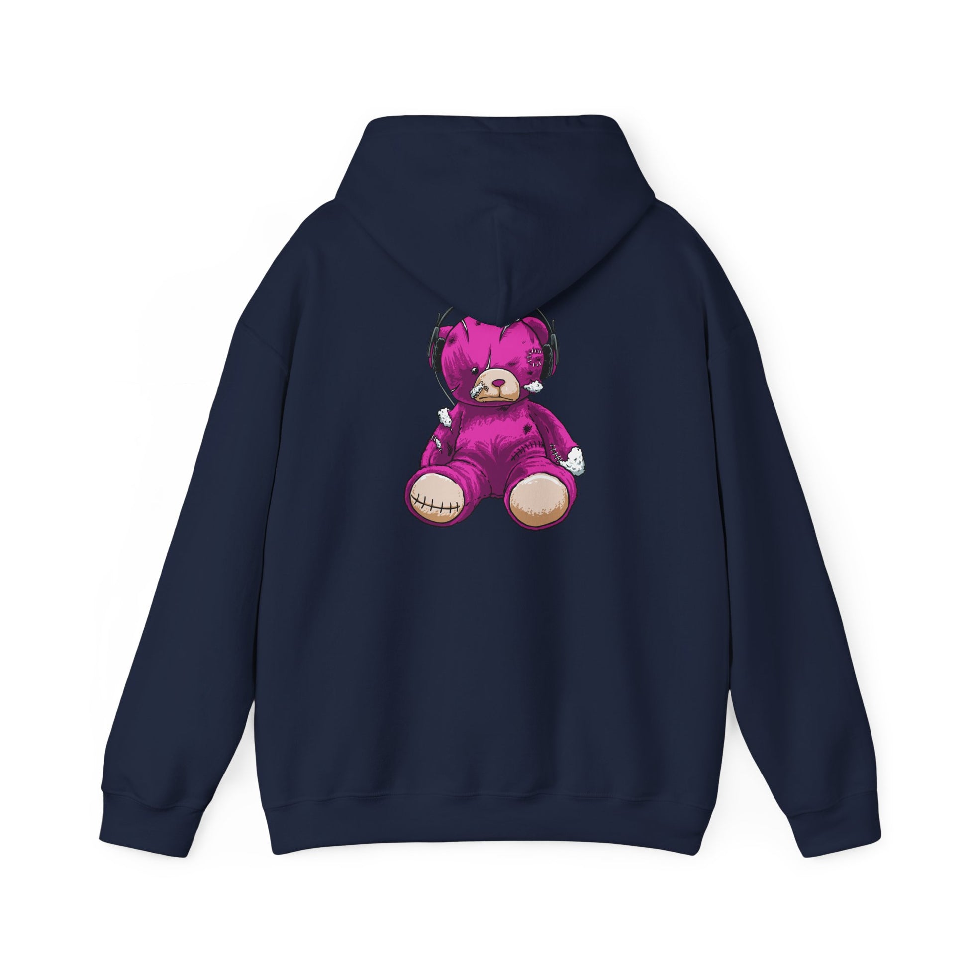 Stylish rear view of a luxurious distressed purple teddy bear hoodie featuring a bold graphic design of a teddy bear with oversized headphones, perfect for a trendy wardrobe.