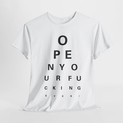 Luxury unisex cotton graphic t-shirt featuring the title ‘Open Your Eyes’ with a bold and humorous eye chart design, perfect for urban streetwear.