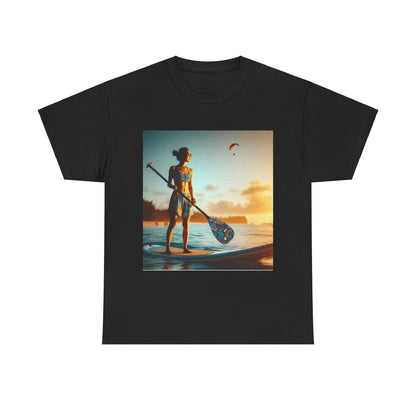 Delightfull Paddle Board Scene T-Shirt by Dazzling Dreams Studio featuring a vibrant paddleboarding graphic, perfect for water sports enthusiasts.