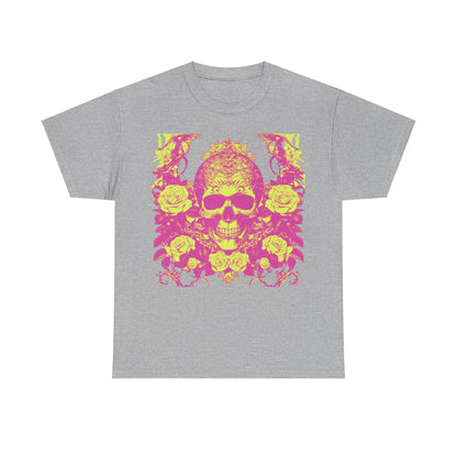 Skulls and Roses Cotton Tee - refined unisex graphic shirt showcasing an intricate skull and roses design, available in versatile colours to enhance your style.