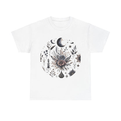 Pure Symphony Floral Graphic Tee - A luxury casual wear t-shirt featuring vibrant floral graphics on a white background, perfect for spring and summer outings.