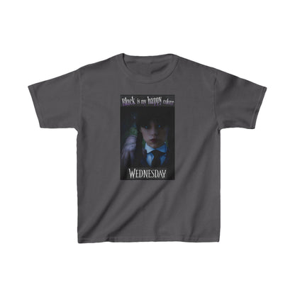 Chic unisex graphic tee shirt showcasing Wednesday Addams and the statement 'Black is my happy color' on a sophisticated grey fabric.