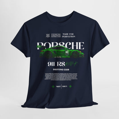 Stylish Porsche 911 RS men's t-shirt in navy blue with a captivating graphic of the green racing car, perfect for car enthusiasts and fashion-forward individuals.