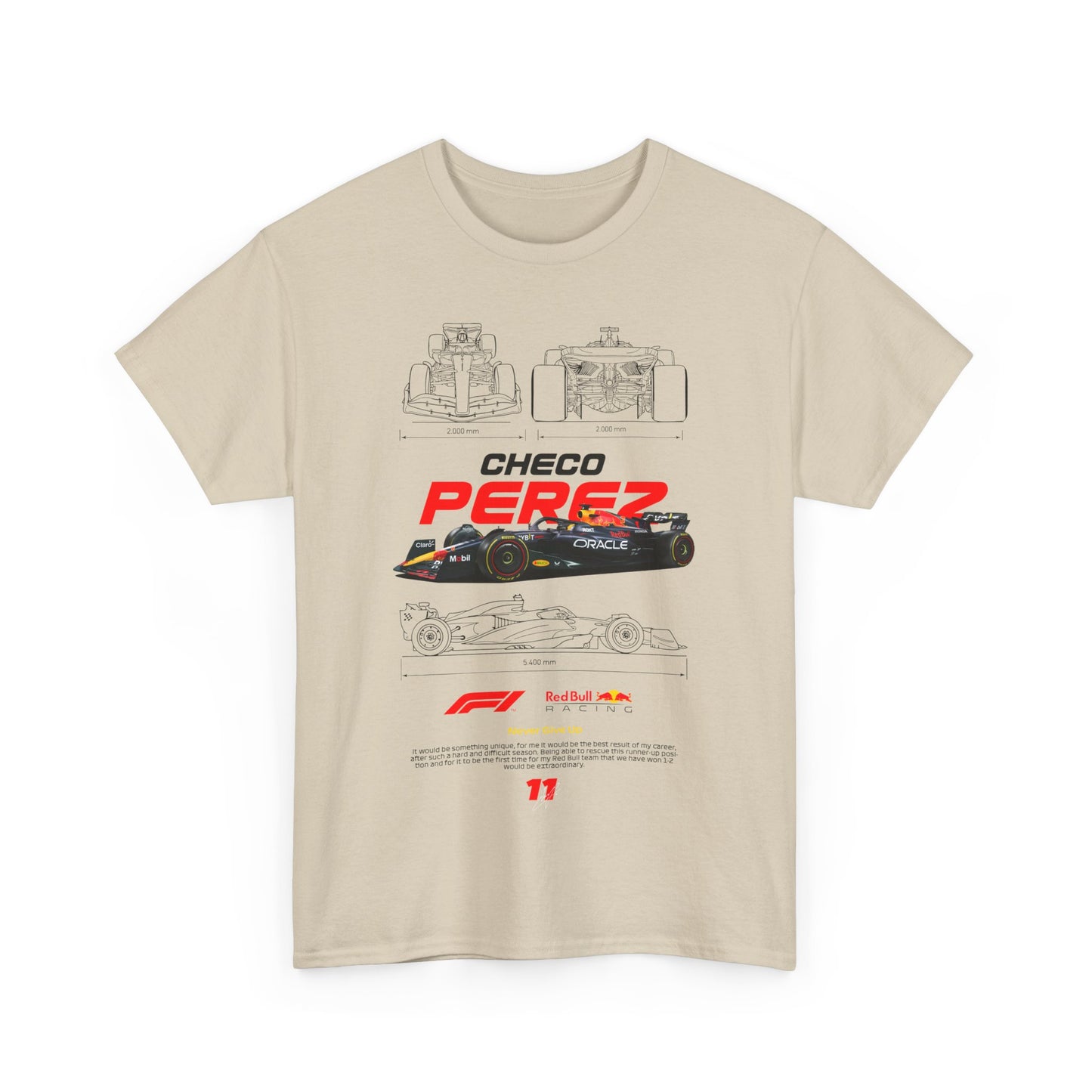 Luxury Checo Pérez men’s t-shirt featuring a detailed graphic of a Formula 1 racing car, showcasing striking red typography and intricate technical illustrations. Perfect tribute for motorsport enthusiasts.