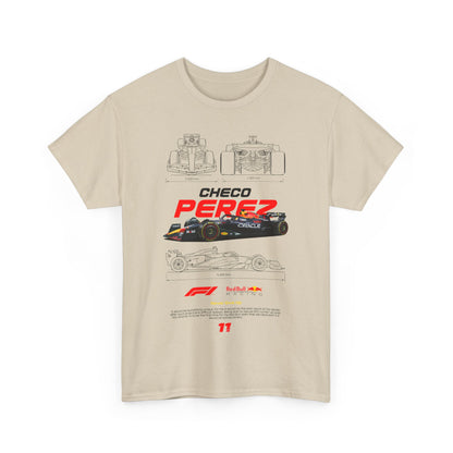 Luxury Checo Pérez men’s t-shirt featuring a detailed graphic of a Formula 1 racing car, showcasing striking red typography and intricate technical illustrations. Perfect tribute for motorsport enthusiasts.