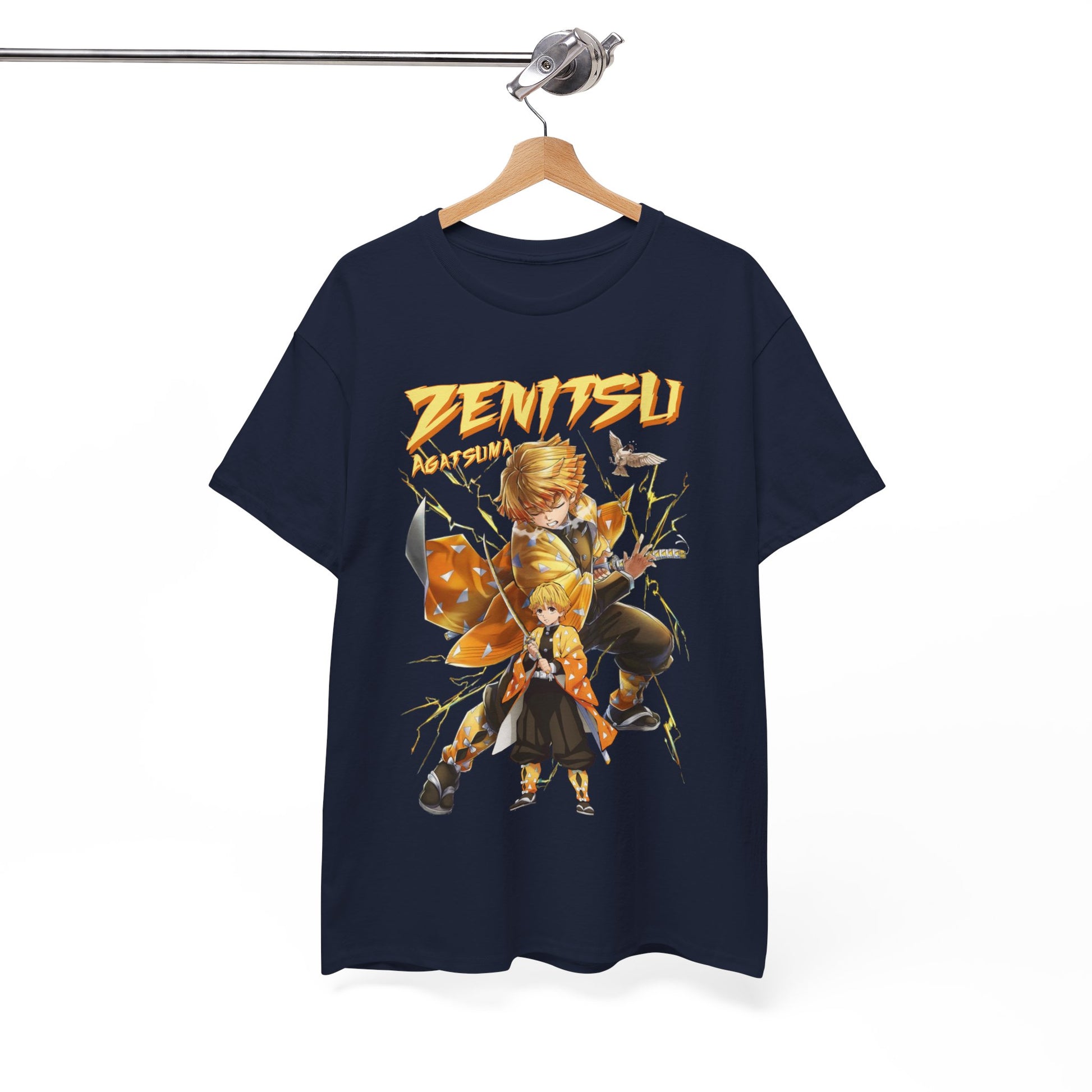 A navy t-shirt featuring Zenitsu Agatsuma, artistically hung on a wooden hanger, accentuating the intricate design and luxurious fabric.
