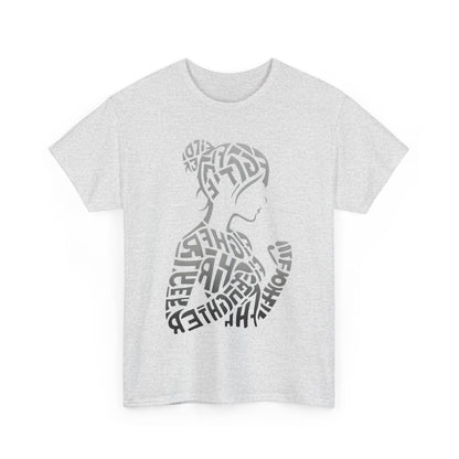 Fighter Girl Graphic Unisex T-Shirt featuring an artistic typography design of a powerful woman made from the words 'FIGHTER' and 'GIRL', ideal for an empowered style.