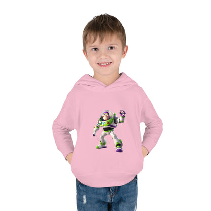 Charming child wearing a Buzz Lightyear Toy Story hoodie in pink, showcasing his playful spirit. Ideal fleece sweater for kids aged 2 to 5 years.