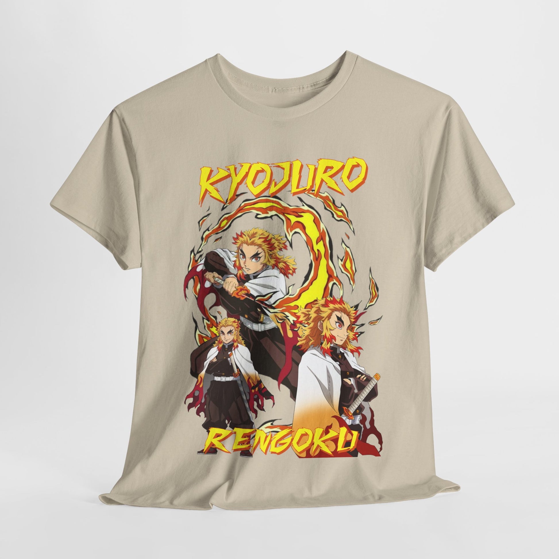 Elegantly designed Kyojuro Rengoku graphic tee featuring multiple depictions of the character in dynamic poses amidst fiery hues, perfect for anime aficionados.