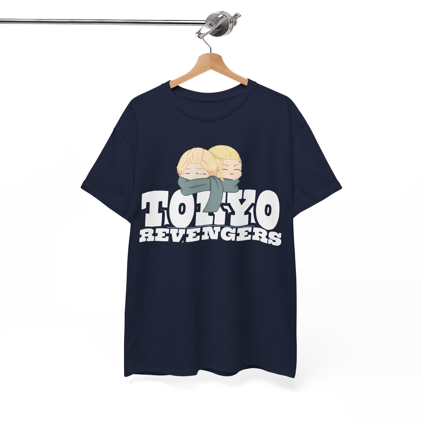 Sophisticated Tokyo Revengers t-shirt hanging elegantly, highlighting unique anime-inspired graphics and soft fabric for fashionable everyday wear.