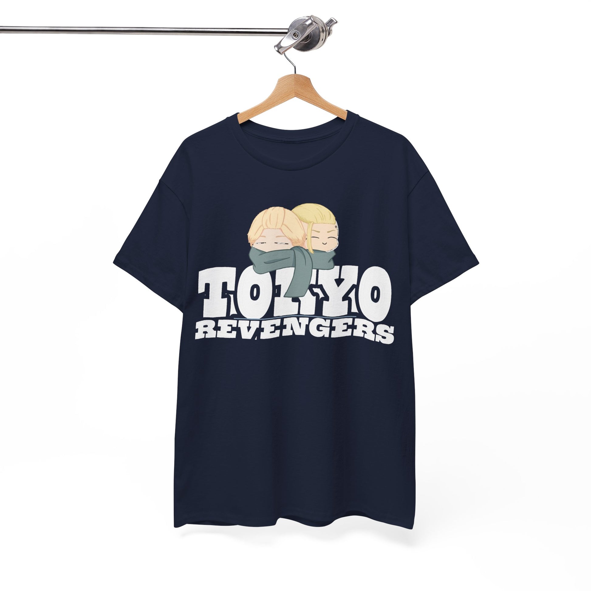 Sophisticated Tokyo Revengers t-shirt hanging elegantly, highlighting unique anime-inspired graphics and soft fabric for fashionable everyday wear.