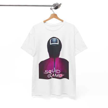 Fashionable white t-shirt hanging display with a bold Squid Game graphic, capturing a character silhouette to elevate your casual wardrobe.