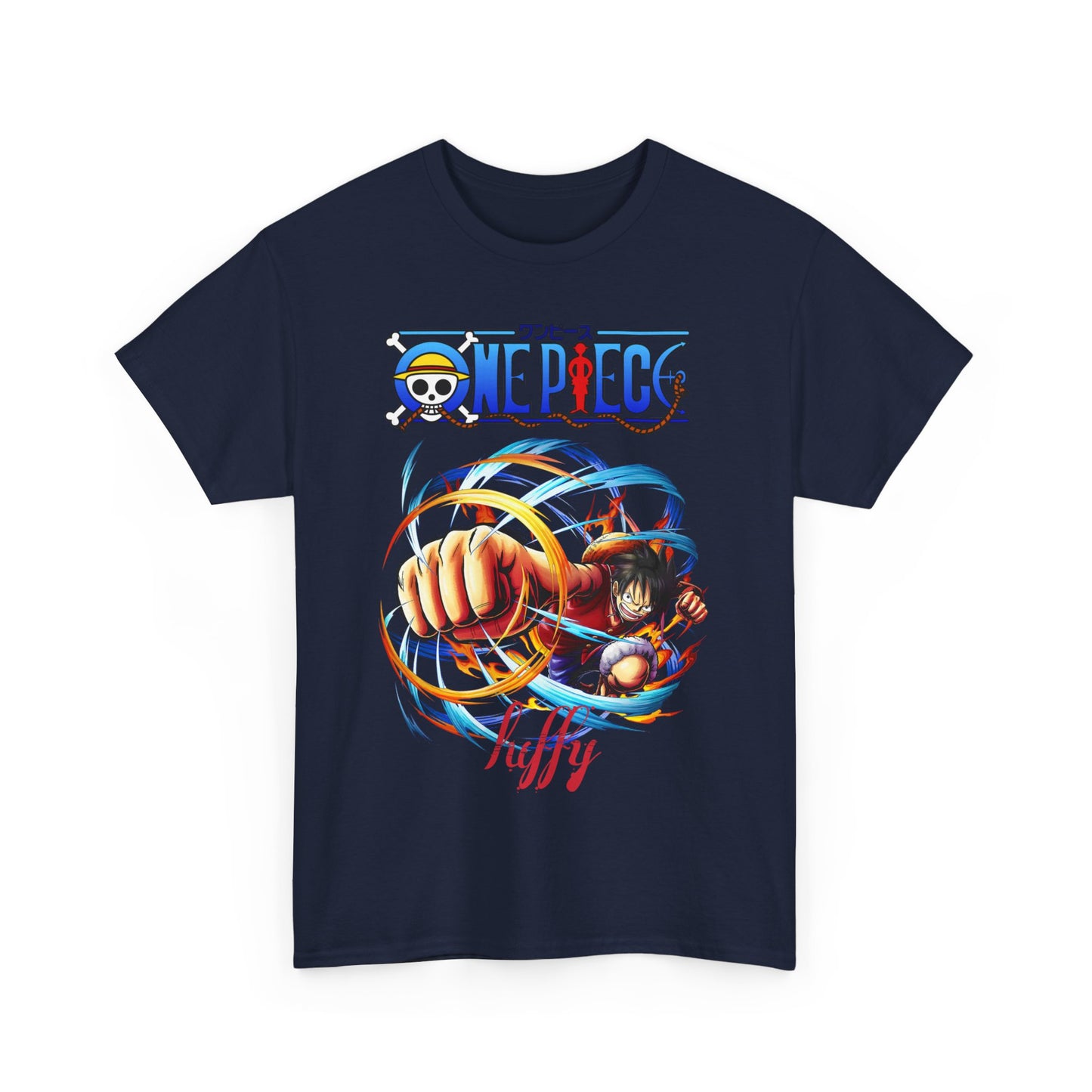 Exquisite navy men's graphic t-shirt featuring dynamic 'One Piece' artwork, blending luxury and adventure in everyday attire.