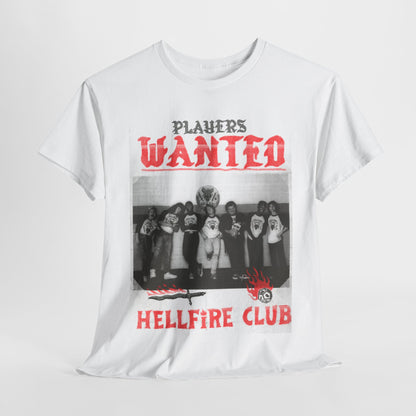 Luxurious white graphic t-shirt featuring a vintage Hellfire Club design with bold red lettering stating 'PLAYERS WANTED', showcasing a group of enthusiastic gamers.
