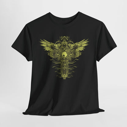 Chic black t-shirt with a vibrant yellow graphic of a decorative cross and wings, designed for men seeking a bold fashion statement with a touch of elegance.