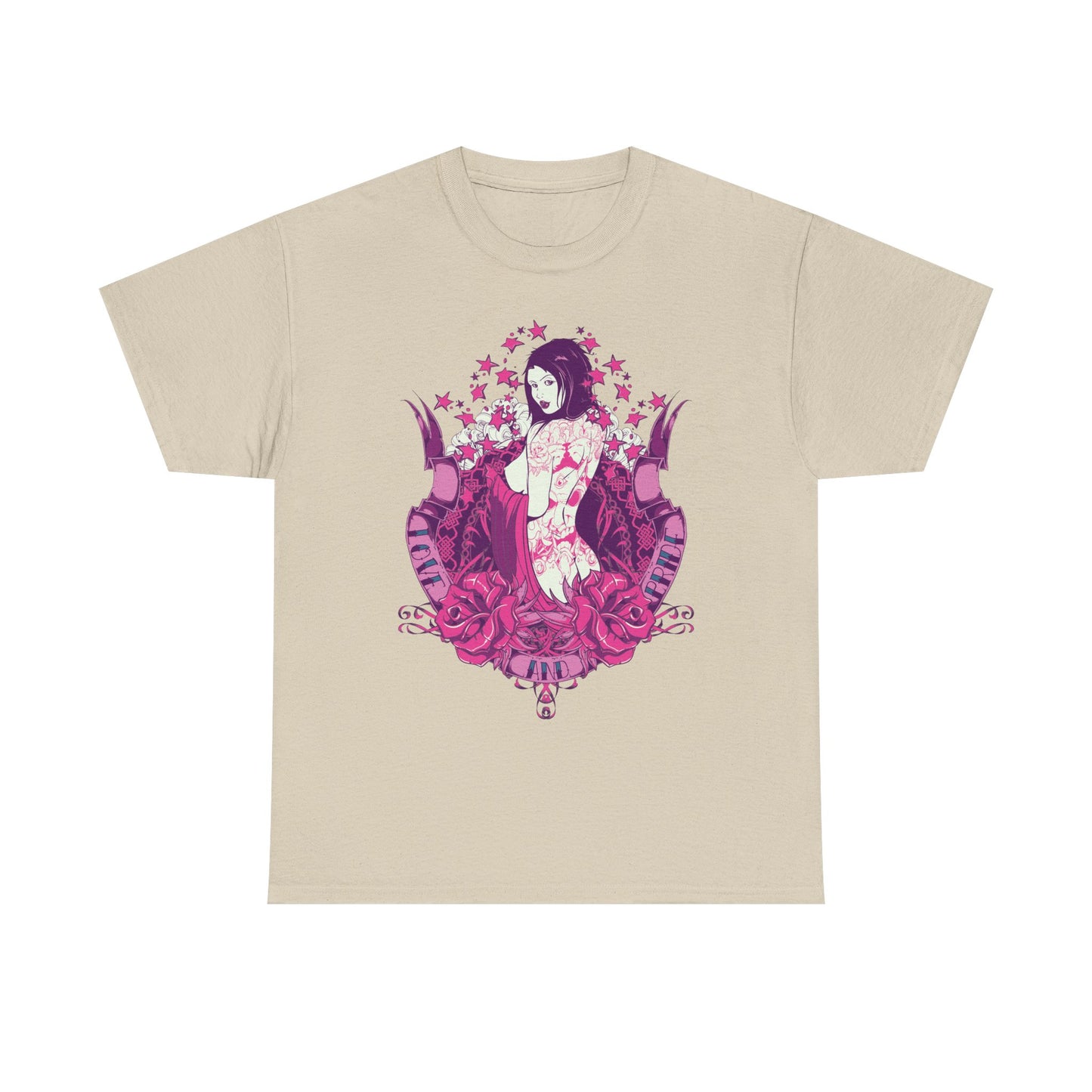 Luxurious men's T-shirt featuring vibrant tattoo art design with a captivating female figure surrounded by pink roses and stars, presented in a soft beige hue for an elegant style.