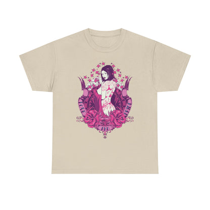 Exquisite t-shirt showcasing a captivating tattoo design in striking pink and purple colours, set on a refined beige fabric for a luxurious look.