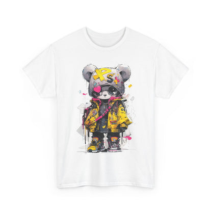 Chic white tee showcasing a unique panda bear design, embodying modern street style with vibrant colours and fashionable urban elements.
