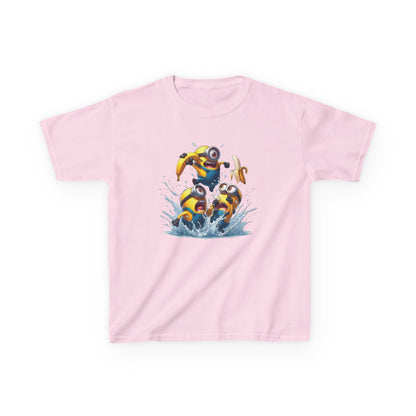Minions T-Shirt Kids Despicable Me Banana Yellow Graphic Tee in pink, featuring cheerful Minions having a splashy good time. This funny tee is an excellent fit for boys and girls who adore the Minions. T Shirt, Funny, Minions.