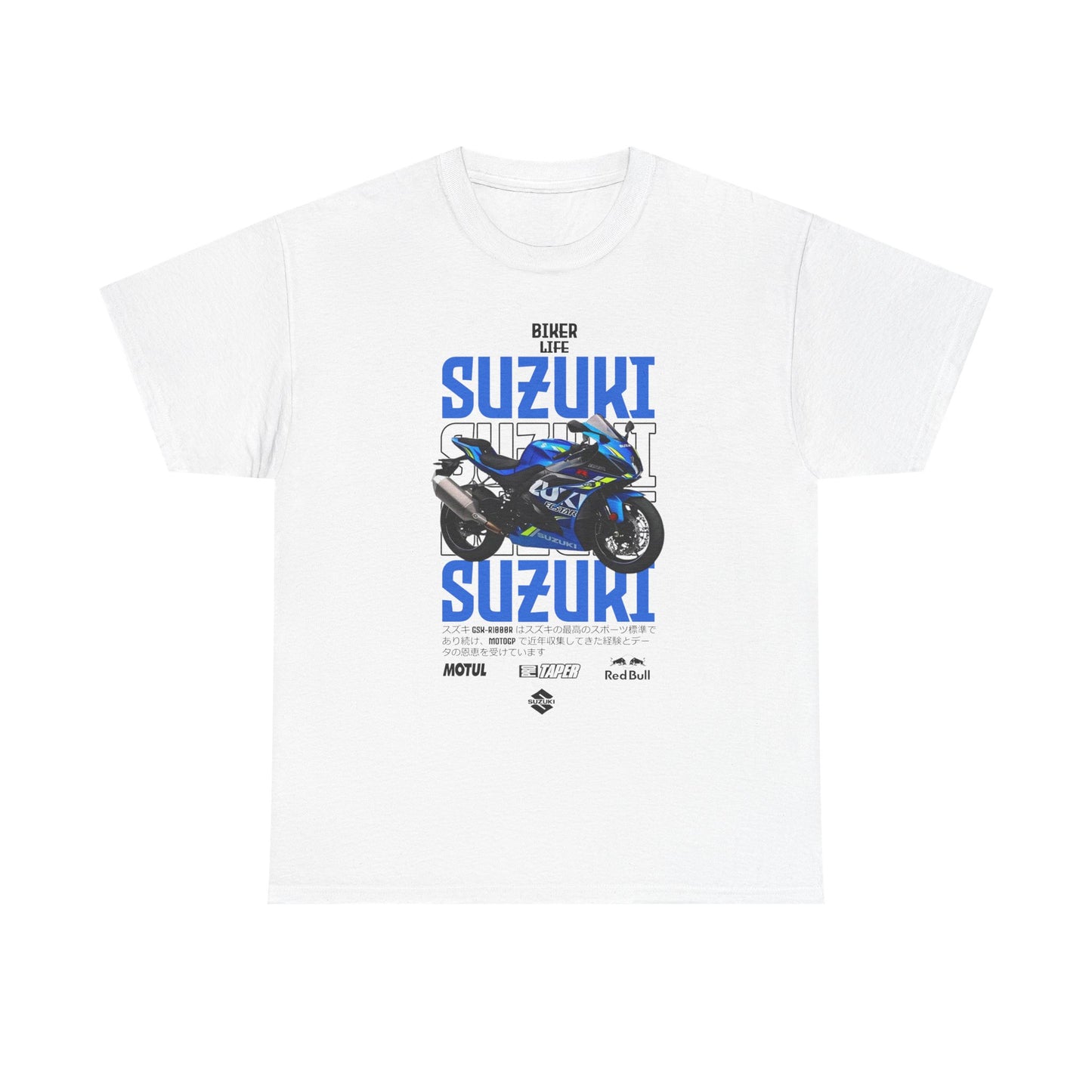 Elegant white Suzuki GSX-R1000 graphic t-shirt showcasing the iconic motorcycle with bold 'Biker Life' text in striking blue, perfect for riders.