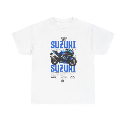 Elegant white Suzuki GSX-R1000 graphic t-shirt showcasing the iconic motorcycle with bold 'Biker Life' text in striking blue, perfect for riders.