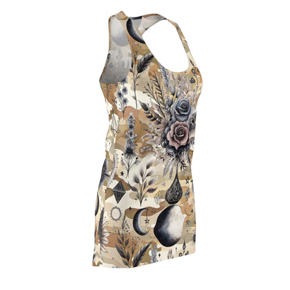 Profile view of the Chic Women's Designer Racerback Dress with a stunning floral motif, elevating your style for any summer event.