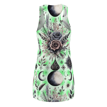 Chic Women's Designer Racerback Dress for Summer Parties and Beach Outings, highlighting the elegant back view adorned with delicate floral patterns and moon designs on a refreshing green backdrop, an essential piece for sophisticated summer attire.