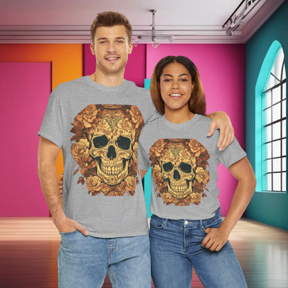 Skulls and Roses Cotton Tee showcasing a luxurious unisex graphic shirt worn by a couple, featuring an intricate steampunk design with skulls and roses, perfect for alternative fashion lovers.