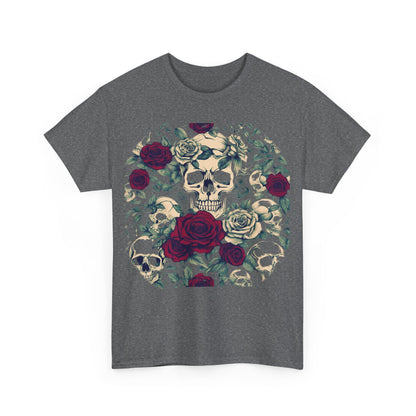 Front view of the Skulls and Roses Cotton Tee printed with an intricate design of skulls and roses, perfect for alternative fashion lovers seeking stylish uniqueness.