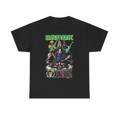 Elegant Rock Your Adventure men's t-shirt in black, artistically displaying anime characters, centred around Brook, perfect for fashion-forward anime enthusiasts.