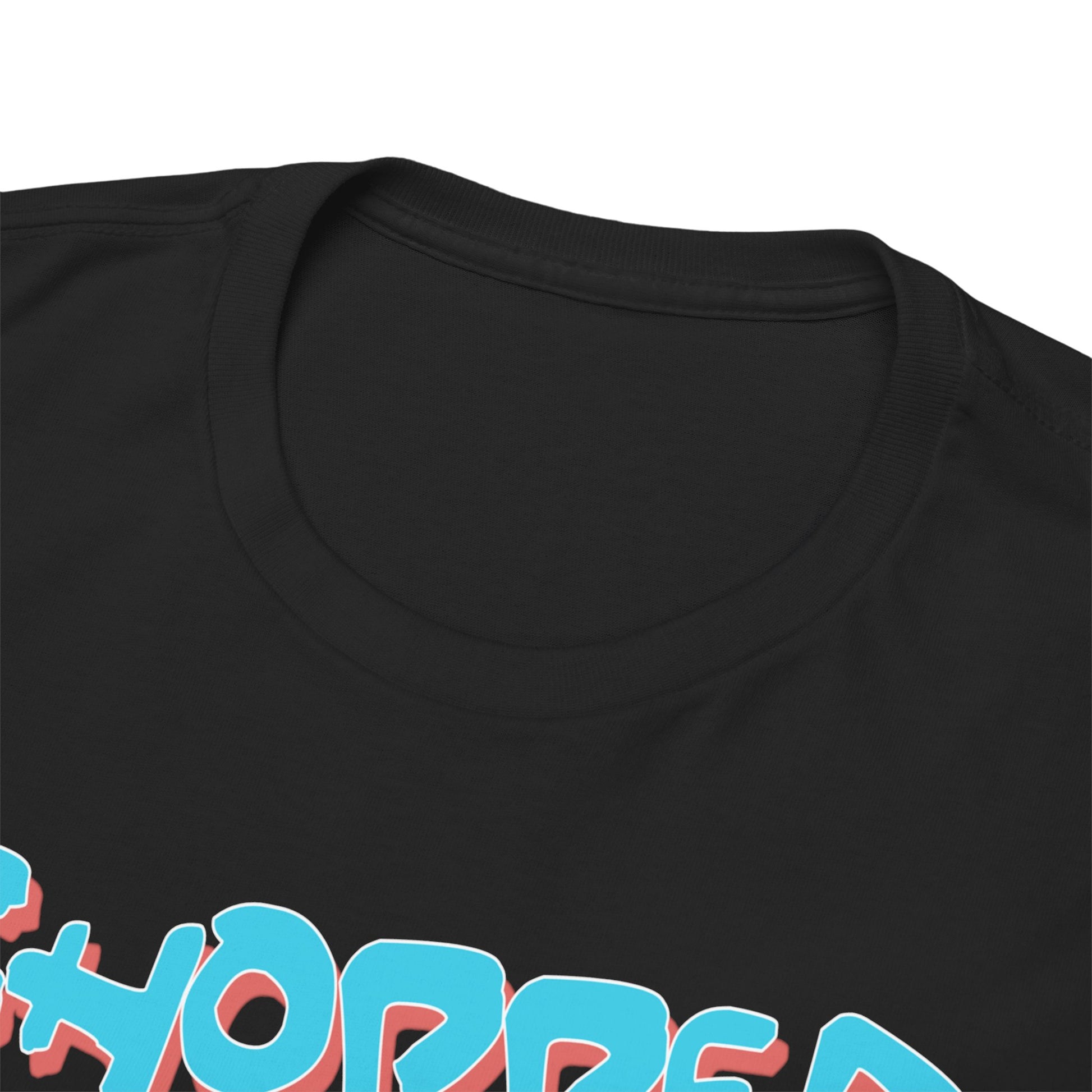 Close-up of the neckline of a black t-shirt, featuring playful typography of Chopper, embodying luxury anime fashion.