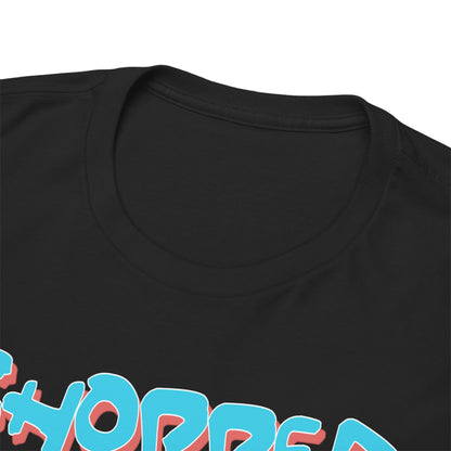 Close-up of the neckline of a black t-shirt, featuring playful typography of Chopper, embodying luxury anime fashion.
