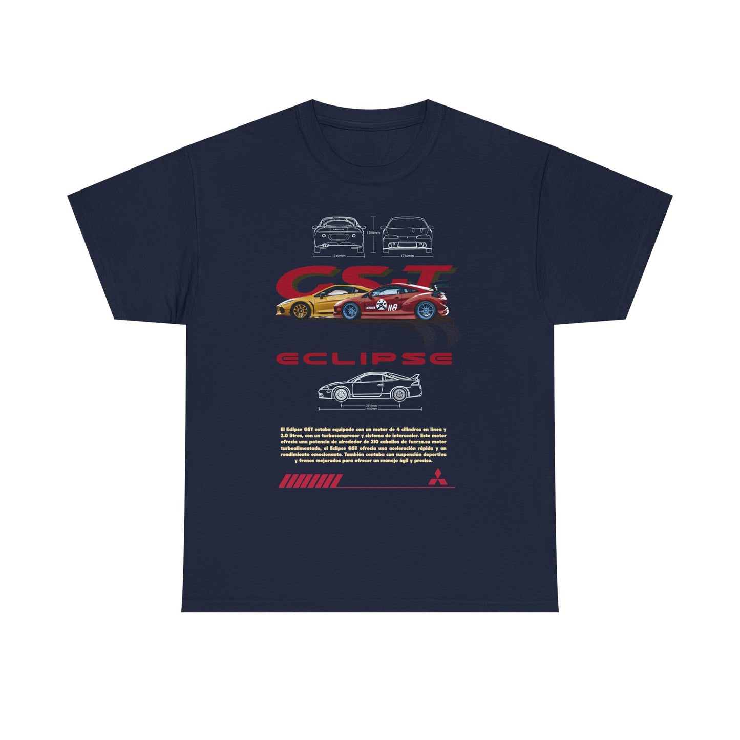 Front view of the Mitsubishi Eclipse GST men's t-shirt featuring bold graphic designs and specifications, celebrating automotive elegance in a premium fabric.