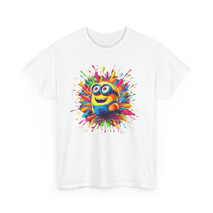 Funny T-Shirt featuring a vibrant Minion paint splash graphic; perfect for fans of cute designs. Ideal unisex tee with a joyful Minions theme.