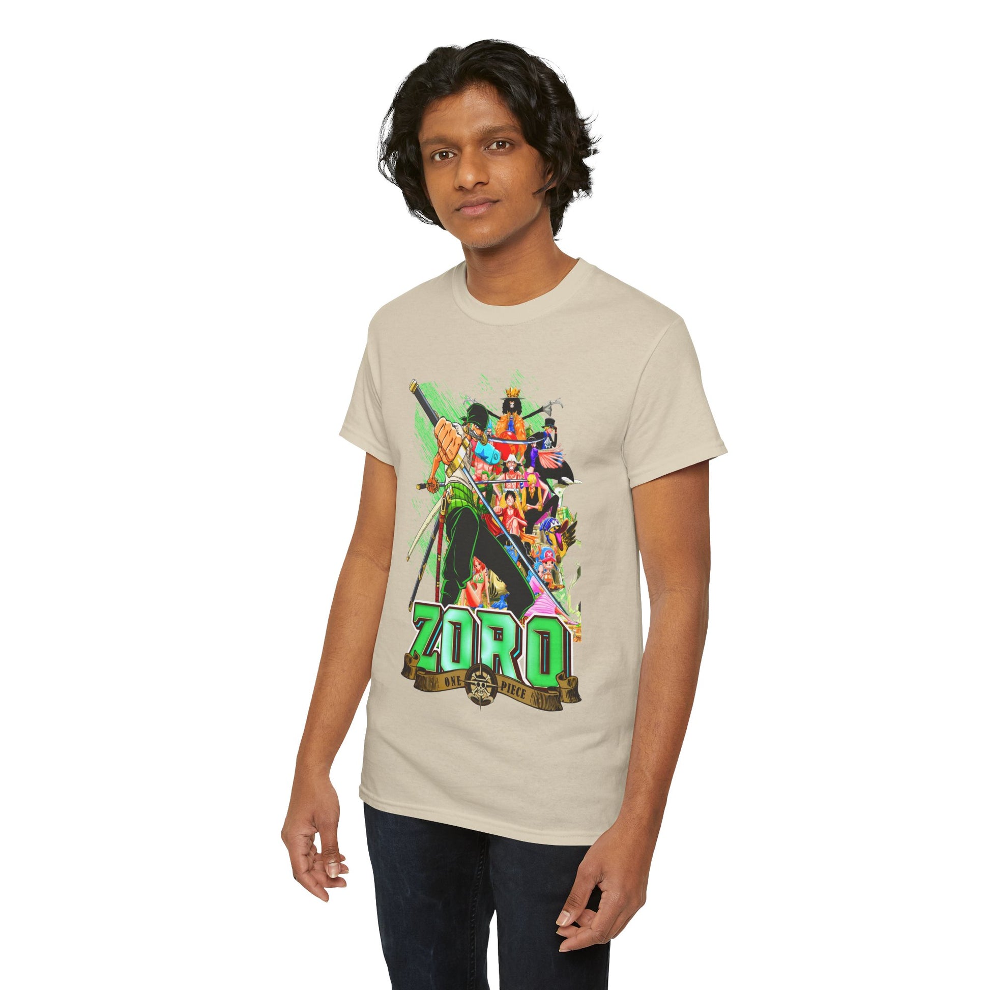 High-quality men's T-shirt featuring a vibrant graphic design of Zoro from One Piece, showcasing intricate details and a dynamic pose, perfect for anime enthusiasts.