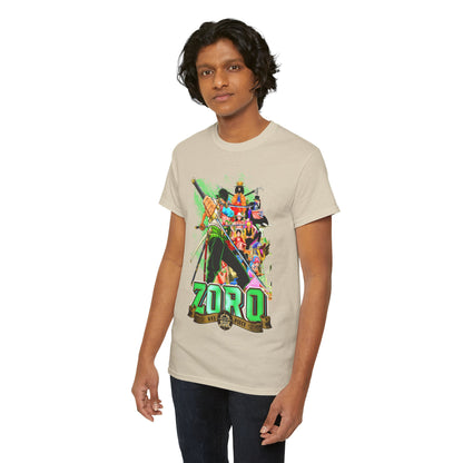 High-quality men's T-shirt featuring a vibrant graphic design of Zoro from One Piece, showcasing intricate details and a dynamic pose, perfect for anime enthusiasts.