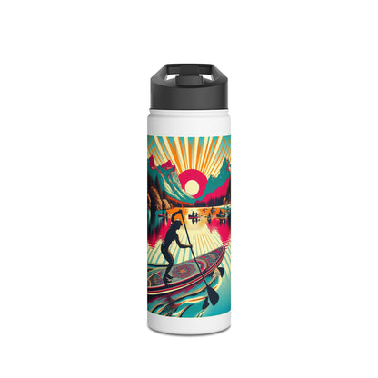 Elegant Fantasy Paddleboarding Stainless Steel Water Bottle showcasing a captivating scene of paddleboarding against majestic mountains and a brilliant sun, ideal for stylish hydration on the go.