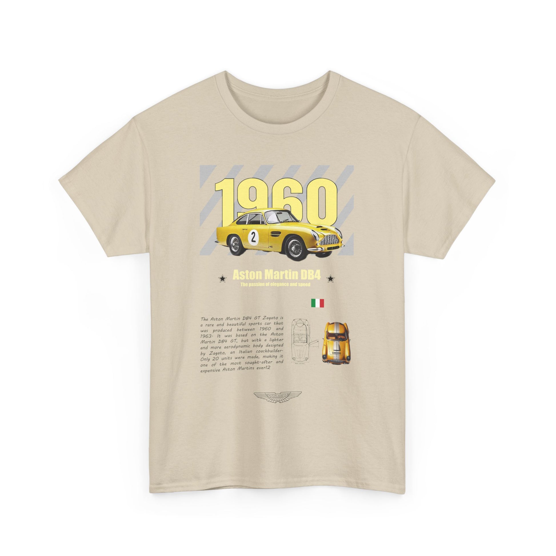 Front view of the beige Aston Martin DB4 GT Zagato Men's T-Shirt displaying a striking yellow graphic of the 1960 sports car, complemented by sophisticated text and Italian flag accents, embodying luxury and style.