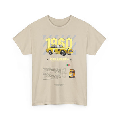 Front view of the beige Aston Martin DB4 GT Zagato Men's T-Shirt displaying a striking yellow graphic of the 1960 sports car, complemented by sophisticated text and Italian flag accents, embodying luxury and style.