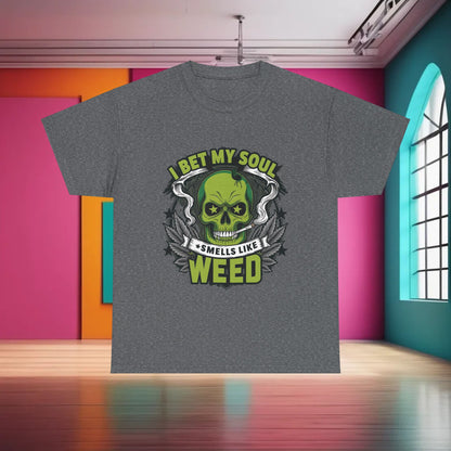 420 Cannabis Marijuana Graphic T-Shirt in a chic grey hue showcasing a striking skull graphic with vibrant green details and the words 'I Bet My Soul Smells Like Weed', ideal for stylish casual attire.