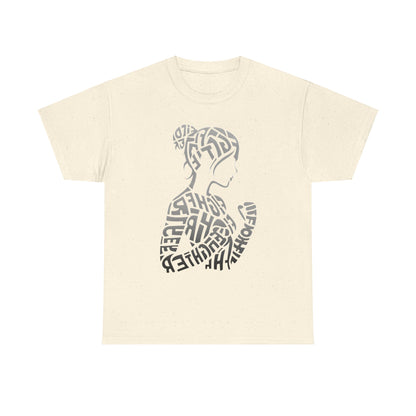 Fighter Girl Graphic Unisex T-Shirt - Artistic Typography Design in natural cream fabric, showcasing a beautifully crafted silhouette of a woman formed from stylish typography.