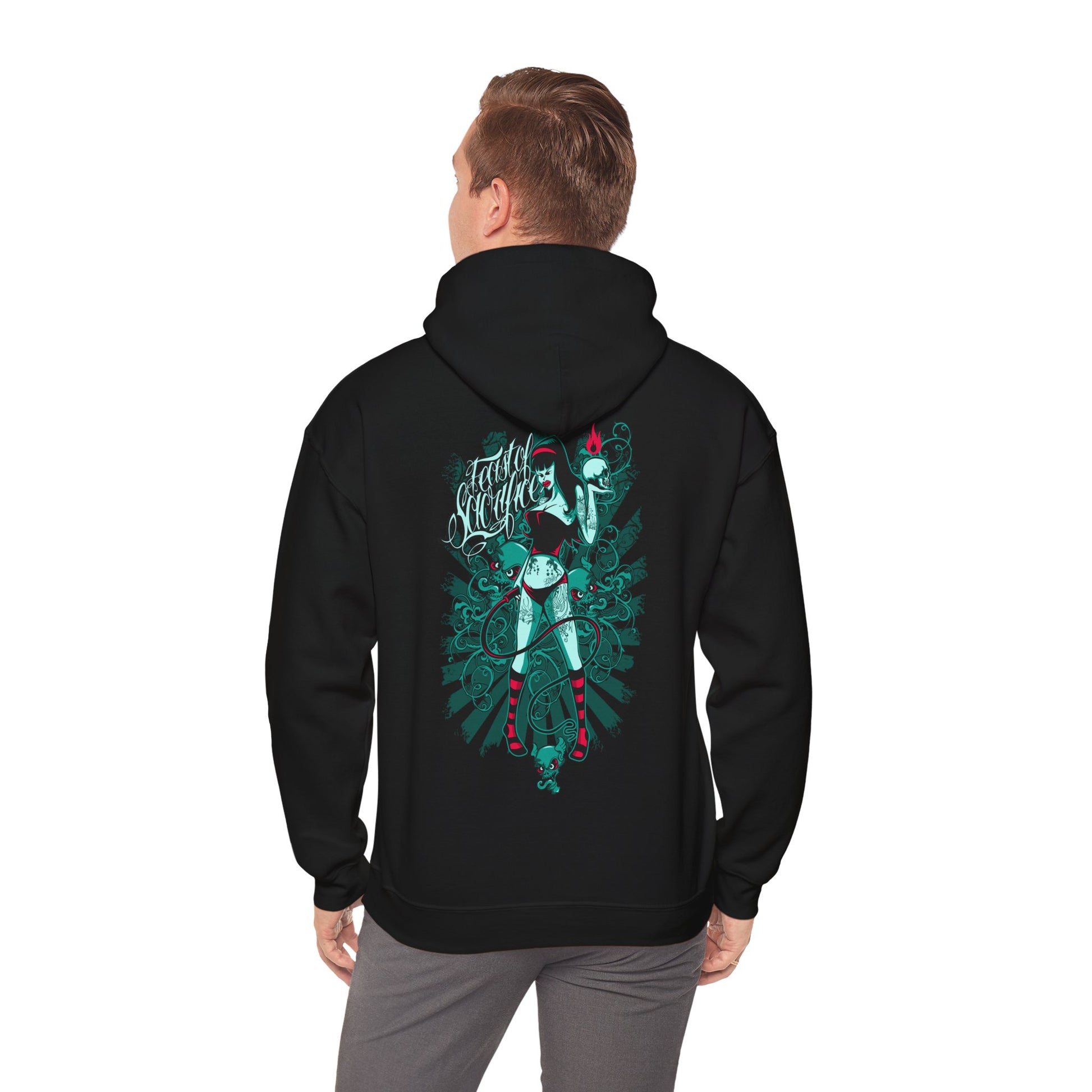 Stylish black hoodie worn by a model, featuring a captivating back print of a confident woman with flame artistry, ideal for trendy fashion enthusiasts.