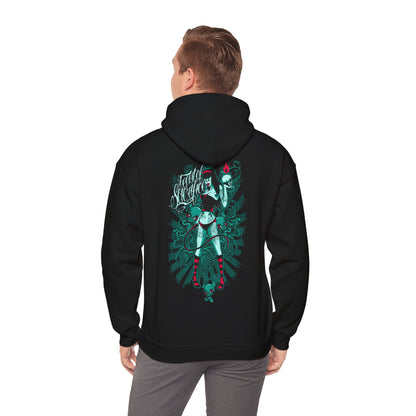 Stylish black hoodie worn by a model, featuring a captivating back print of a confident woman with flame artistry, ideal for trendy fashion enthusiasts.