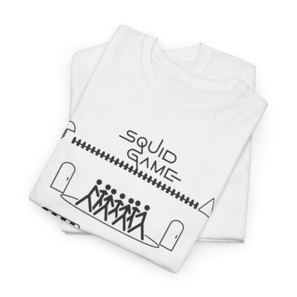 Luxurious folded white t-shirts showcasing 'Squid Game' graphics, designed for contemporary fashion enthusiasts.