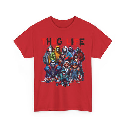 Thug Life Horror Collective Graphic T-Shirt in vibrant red showcasing legendary horror icons styled in street fashion, ideal for trendy pop culture aficionados.